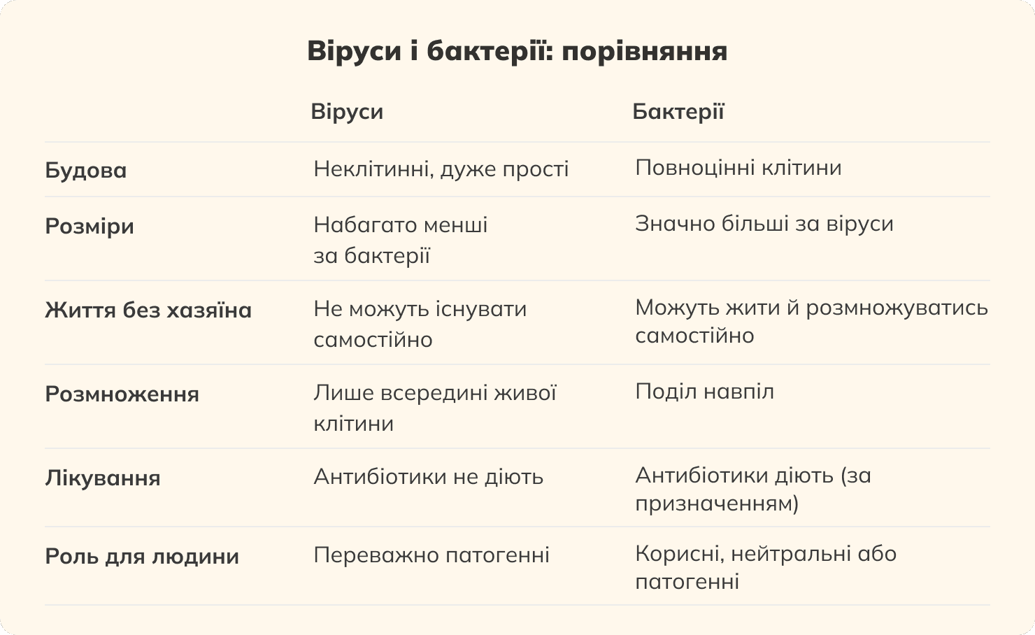 Віруси і бактерії: порівняння (таблиця)